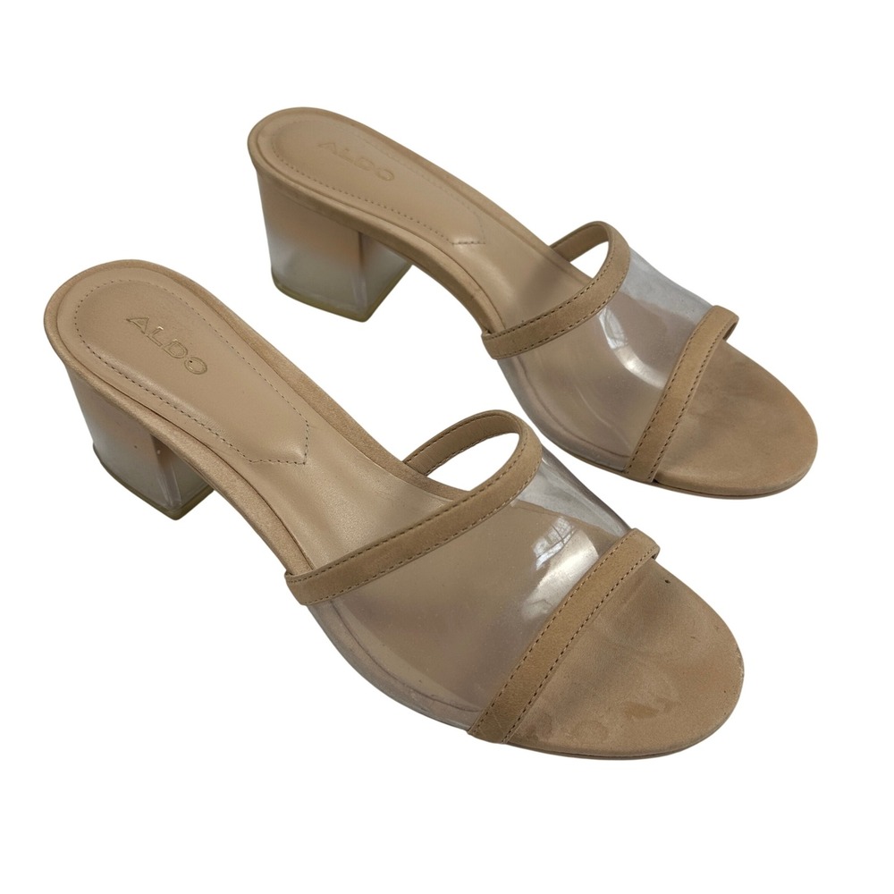 ALDO Unalenna Clear Strap Block Heel Sandal‎ Mule Women Size 6.5 Beige Nude
